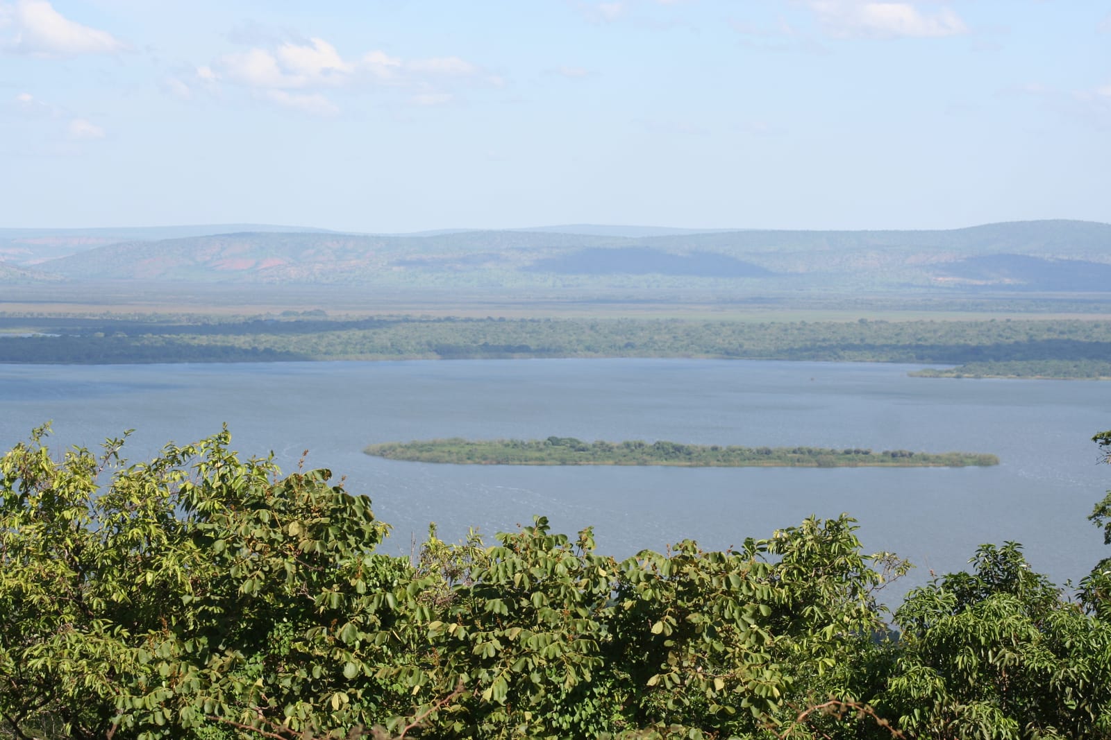 Wide view over Lake Ihema in Akagera National Park at golden hour